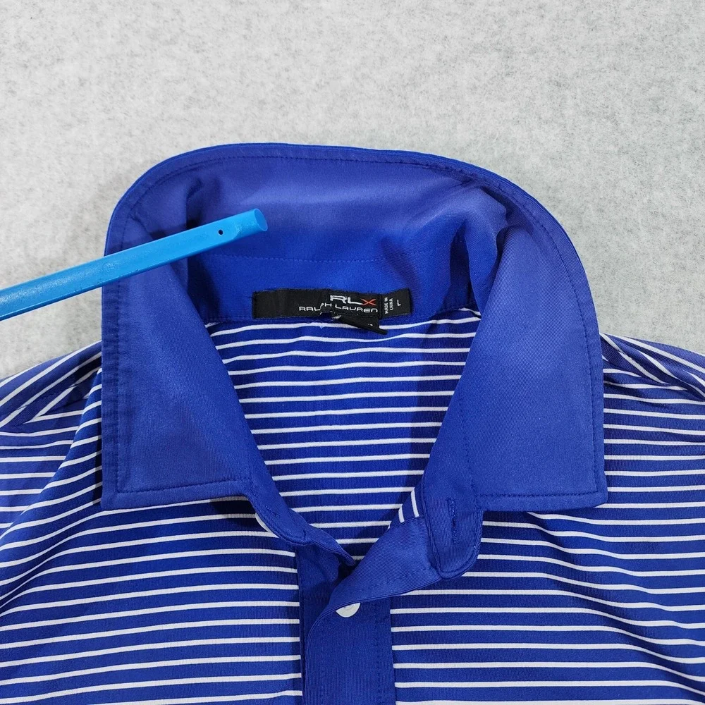 Ralph Lauren RLX Polo Mens Size Large‎ Blue Stripe Button Shirt Flaw On Collar.